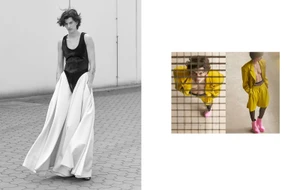 Fashion editorial diptych featuring model Smilla Herbst in a draped monochrome look and a vibrant yellow suit with pink boots.