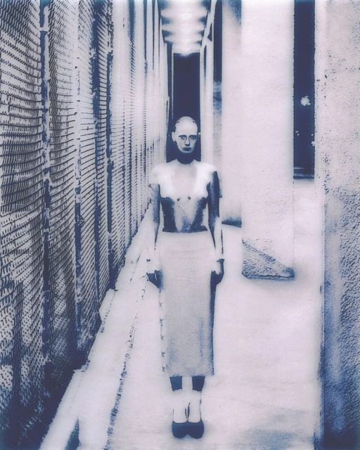 Monochromatic art image of a slim woman with a shaved head standing in a bright, narrow hallway with light shining from above.