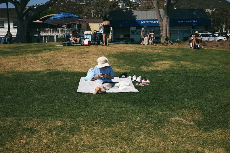 Woman relaxing on blanket in park on sunny day near beach. People enjoying outdoor recreation.