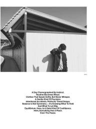 Monochrome image of a man leaning against a white paneled wall outdoors under bright sunlight, with typography below.