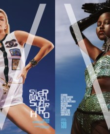 High-fashion photo featuring two models against a blue sky, showcasing diverse skin tones and designer clothing.