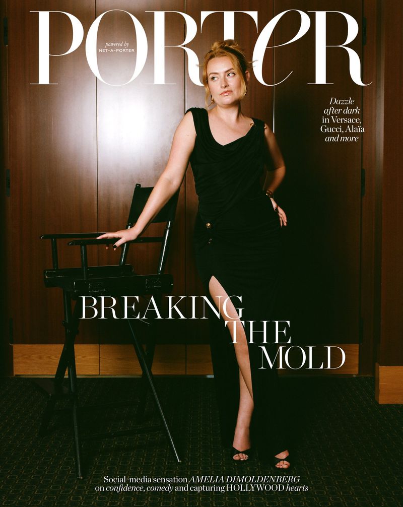 Amelia Dimoldenberg poses on Porter magazine cover. She is wearing a black dress next to a director's chair and the text 'Breaking the Mold'.