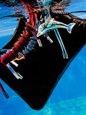 A black purse with colorful rope details and a dolphin accessory is submerged in bright blue water creating a surreal, underwater fashion statement.