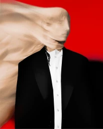 Surreal portrait of a person in a black jacket and white shirt with a flowing beige fabric obscuring their face against a solid red background