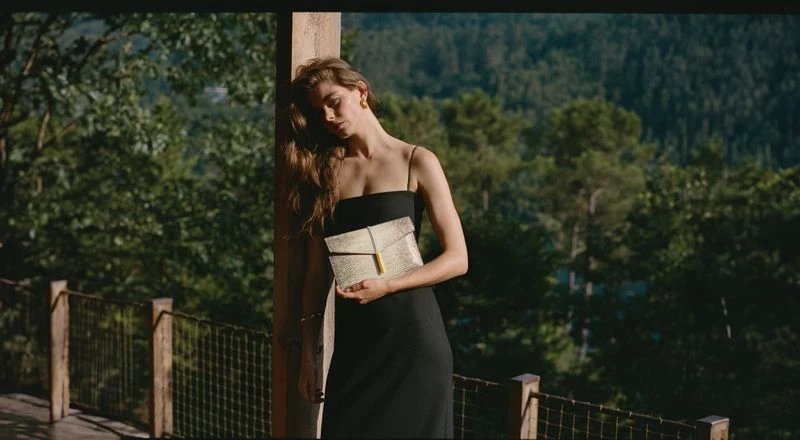 Woman in black dress holds patterned clutch, leaning against wooden post with forest and bridge in background, illuminated by sunlight.