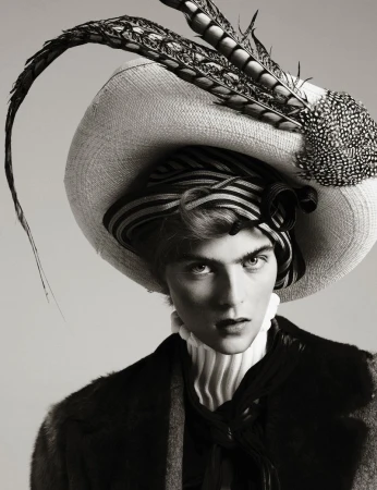 Model Libby Bennett wearing an oversized wide-brim hat with long feathers and a pleated high collar in a black and white studio portrait.