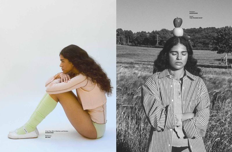 Two scenes feature a young woman: one in a peach top and lime socks against a white background, the other balancing apples in a field.
