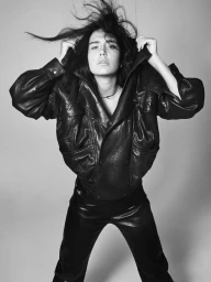 Adele Exarchopoulos wearing an oversized black leather jacket against a seamless backdrop, photographed by David Sims for Harper's Bazaar France.