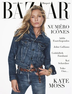 Kate Moss on the cover of Harper's Bazaar France wearing a denim jacket and jeans against a plain white background