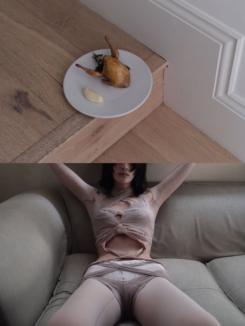 Overhead shot of cooked quail on a plate, juxtaposed with a woman in a beige outfit on a couch, creating a contrast in subject matter and style.