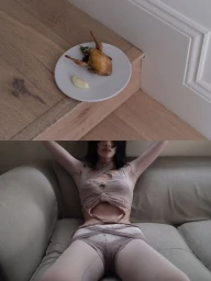 Split-frame editorial image showing a roasted bird on a plate above a woman in strappy clothing reclining on a sofa