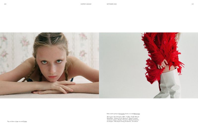 A young woman poses with braided hair and feather boa on a magazine spread, styled for a high-fashion editorial photoshoot.