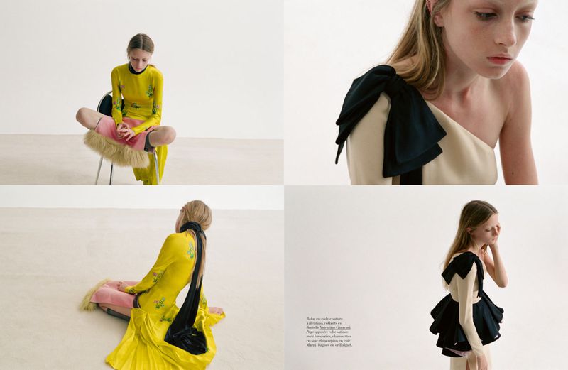 Fashion editorial with a young woman in a yellow floral dress sitting on a chair, and details of a draped, neutral-toned garment with black accents.