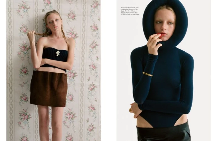 Two fashion shots feature a woman in a dark blue turtleneck with a large hood and a woman in a brown mini skirt and black top.