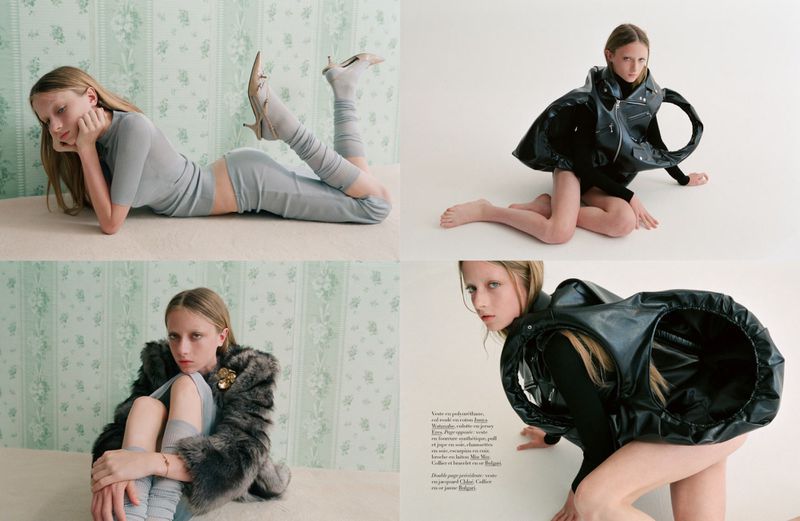 Fashion editorial shot: fair-skinned woman poses in a collage of four images, featuring various outfits and backdrops in studio lighting.