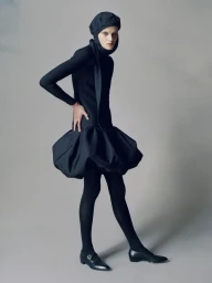 Model in a black bubble dress and matching head covering posing against a plain grey studio background.