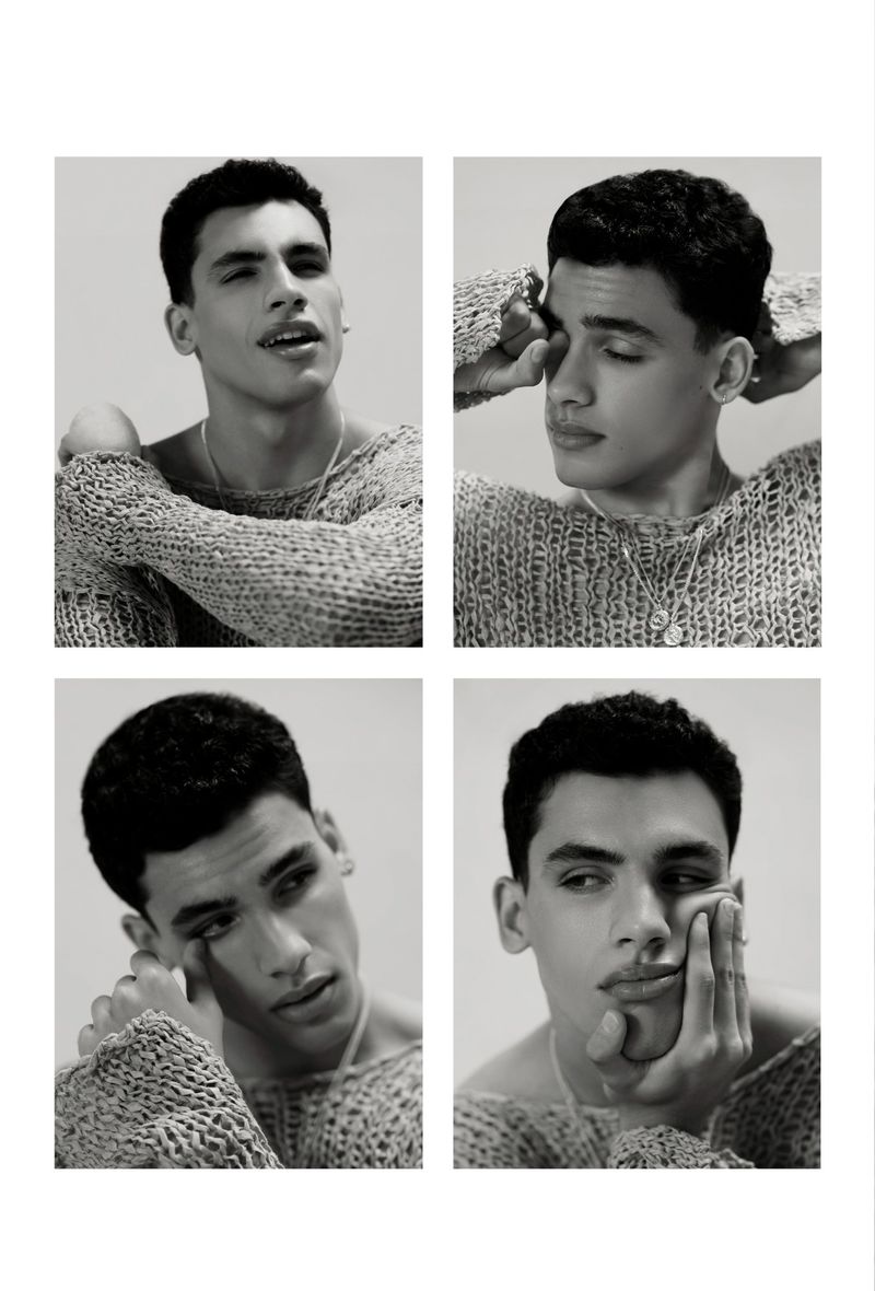 Black and white portrait collage of a young adult male wearing a knitted sweater, posing in different angles with neutral expressions.