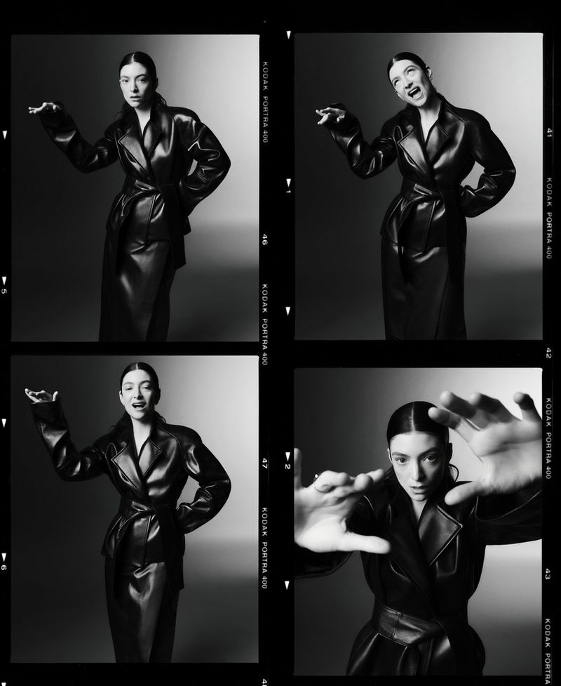 Black and white studio contact sheet featuring a woman in a black leather coat and skirt making exaggerated poses in four frames.