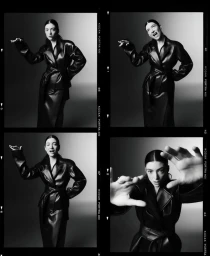 Four-frame contact sheet of singer Lorde wearing a leather coat, posing expressively in a studio setting.