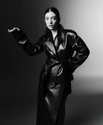Lorde in a dark leather coat with a belted waist posing against a seamless gradient background in a black and white editorial portrait.
