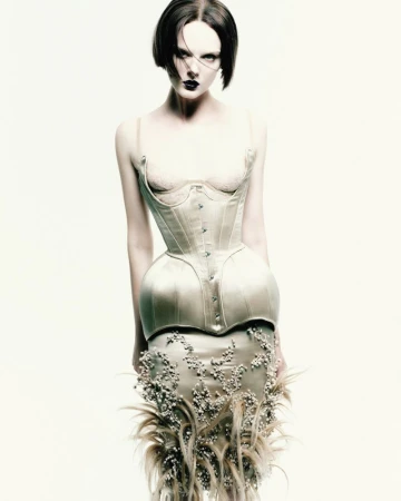 A striking fashion shot featuring a pale-skinned adult female model in a decorative corset and skirt against a bright white backdrop.
