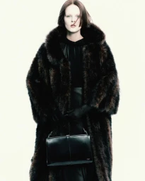 Model wearing a voluminous dark fur coat and black gloves holding a leather handbag against a plain white background