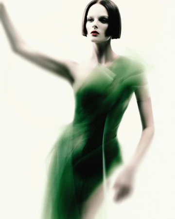 Model Aylah Peterson posing in a sheer green draped tulle dress with a sharp bob haircut against a bright white background.