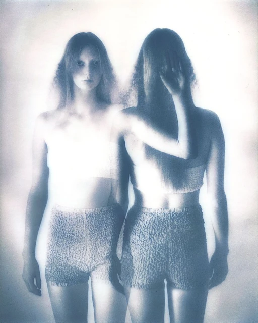 Surreal image of two fair-skinned, androgynous models in neutral bra tops and shorts, one partially obscured by their hand in studio setting.