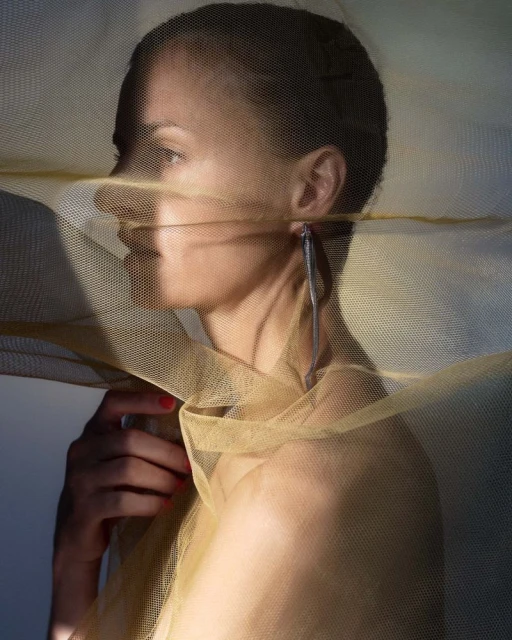Portrait of an adult female with short hair, partially obscured by a gold net fabric, wearing a silver dangling earring. Indoor studio.