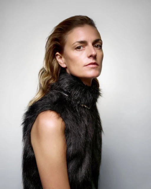 Portrait of an adult female with shoulder-length blonde hair posing in a fur vest against a white background in a photo studio.