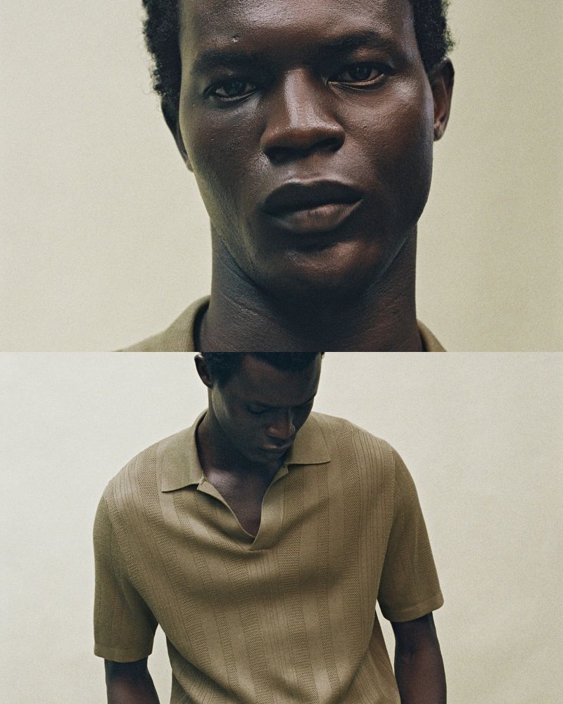 Close-up shot features a Black male model in a tan collared shirt against a neutral backdrop, showcasing texture and fashion details.