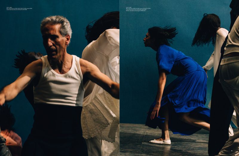 Split image of a mature adult man dancing in a white tank top, a woman in blue dress running, and other dancers in blurred motion.