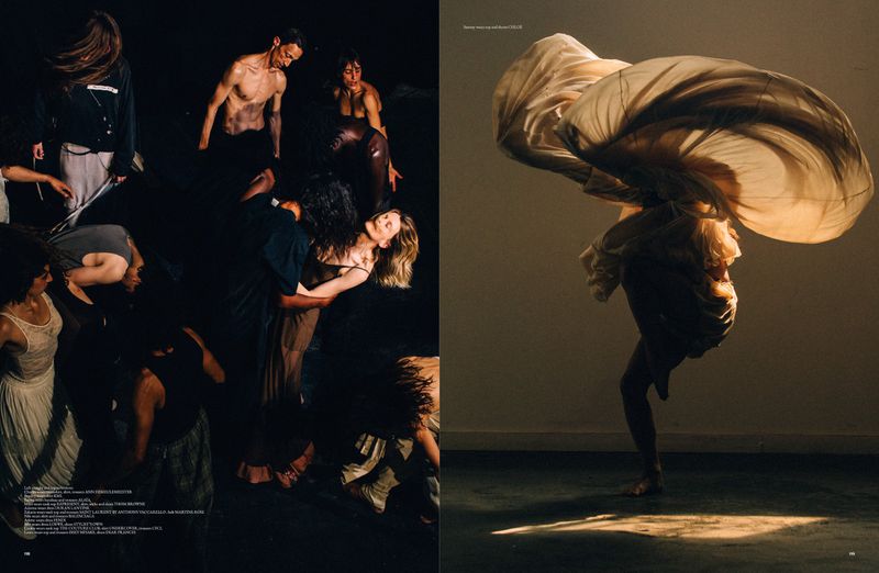 Dynamic composition featuring a group of people in motion, and a dancer in a flowing garment against a neutral backdrop.