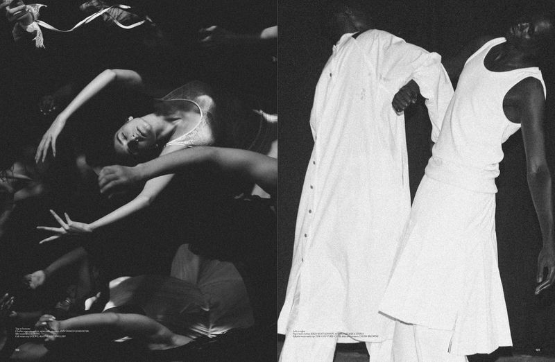 Monochrome diptych: woman lying down surrounded by hands, and two people in white outfits on a dark background.