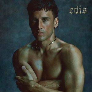 Portrait of a shirtless man with a metallic choker necklace against a textured dark background for the album cover EDIS Bachi Bouzouk.