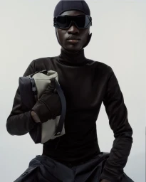 Model wearing a black balaclava, shield sunglasses, and a black turtleneck, holding a beige and black technical bag.