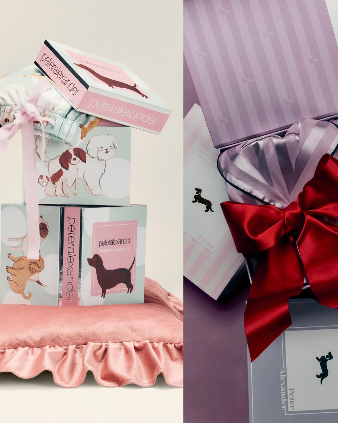 Still life of stacked Peter Alexander pajama gift boxes with dog designs, tied with pink ribbons, presented on a pink ruffle pillow.
