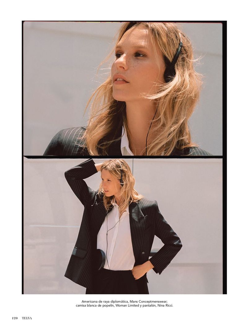 Blonde woman in a pinstripe blazer and headset poses in a split-panel composition against a plain background in a fashion editorial.