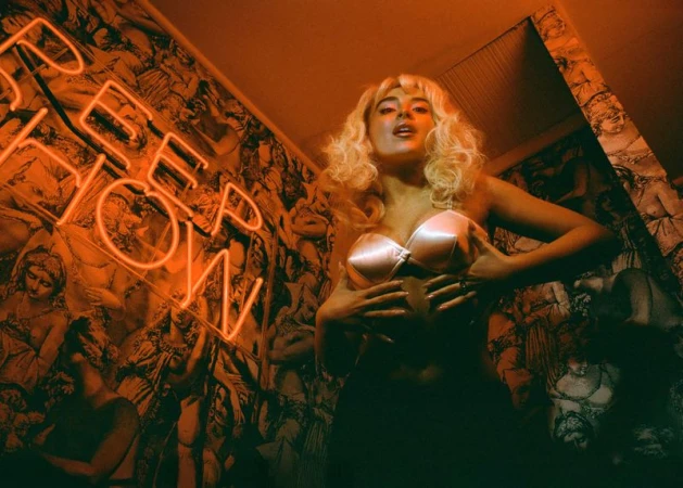 A low-angle shot of a blonde woman in lingerie, posing near a neon sign and wallpaper with classical figures, creating a vintage, artistic scene.