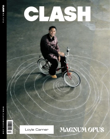 Magazine cover featuring a man sitting on a bicycle with white chalk spiral design on grey concrete backdrop; “Clash” masthead.