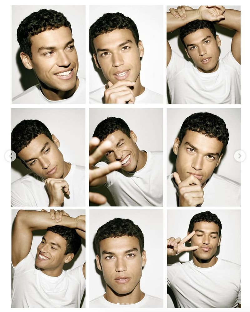 A collage of nine headshots of a young adult male model with curly dark hair posing in various positions against a white background.