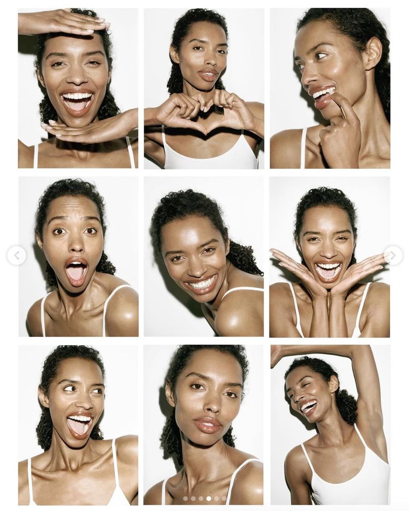 Collage of a smiling dark-haired woman in a white tank top against a white background, showcasing diverse joyful facial expressions.