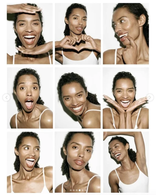 Collage of a smiling dark-haired woman in a white tank top against a white background, showcasing diverse joyful facial expressions.