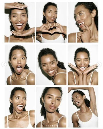 Collage of a smiling dark-haired woman in a white tank top against a white background, showcasing diverse joyful facial expressions.