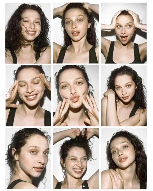 A young woman with dark curly hair and tan skin poses in a nine-image grid, making various facial expressions against a white background.