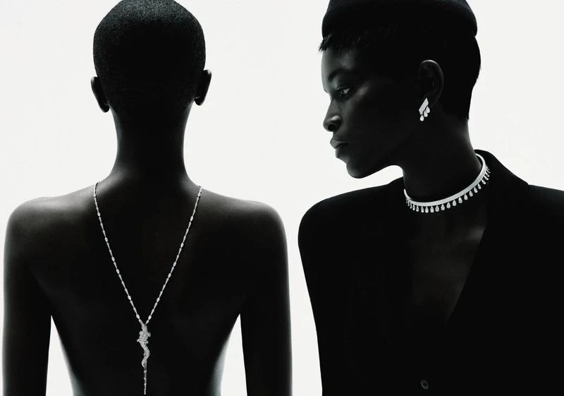 Two Black women in a studio setting wearing formal black tops and diamond jewelry necklaces and earrings against a bright white background.