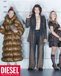 Three models posing against a police height chart backdrop for Diesel F/W 2025 campaign photographed by Johnny Dufort