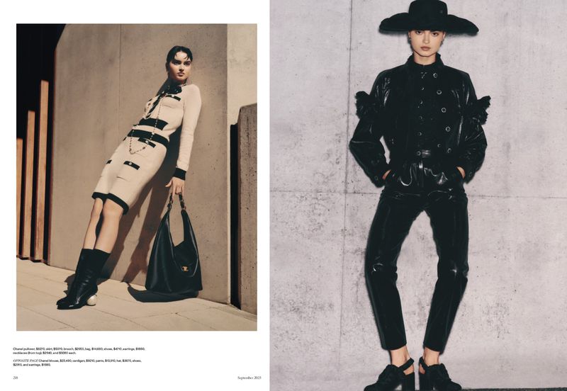 Two high fashion editorials show women in designer clothing against studio backgrounds, styled in modern, minimalist aesthetics.