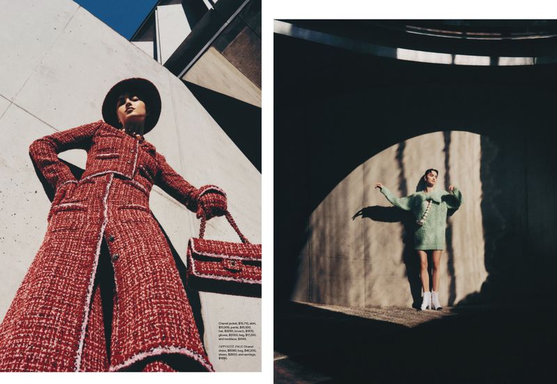 Two fashion shots side-by-side. One woman in a red coat and hat poses by architecture; another in a green dress is in a spotlight.