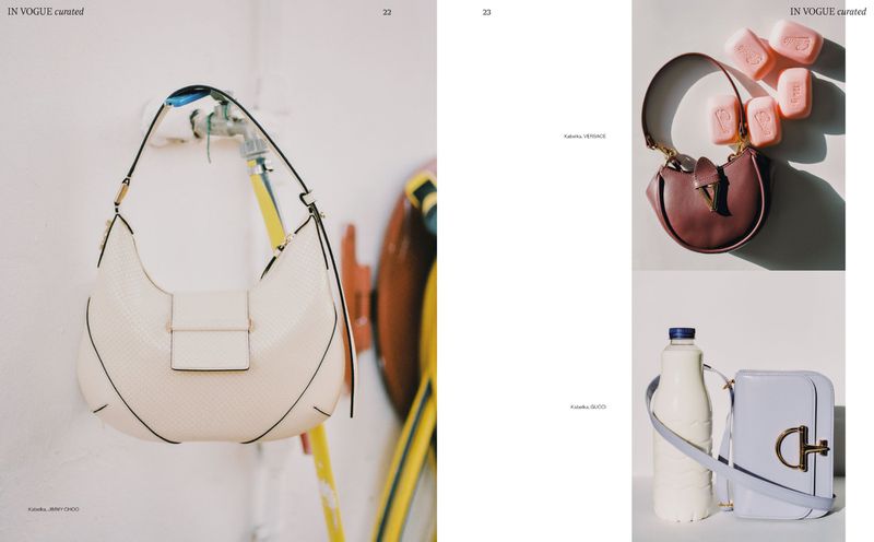 Fashion editorial featuring designer handbags by Jimmy Choo, Versace, and Gucci with soap bars and a milk bottle on a white background.